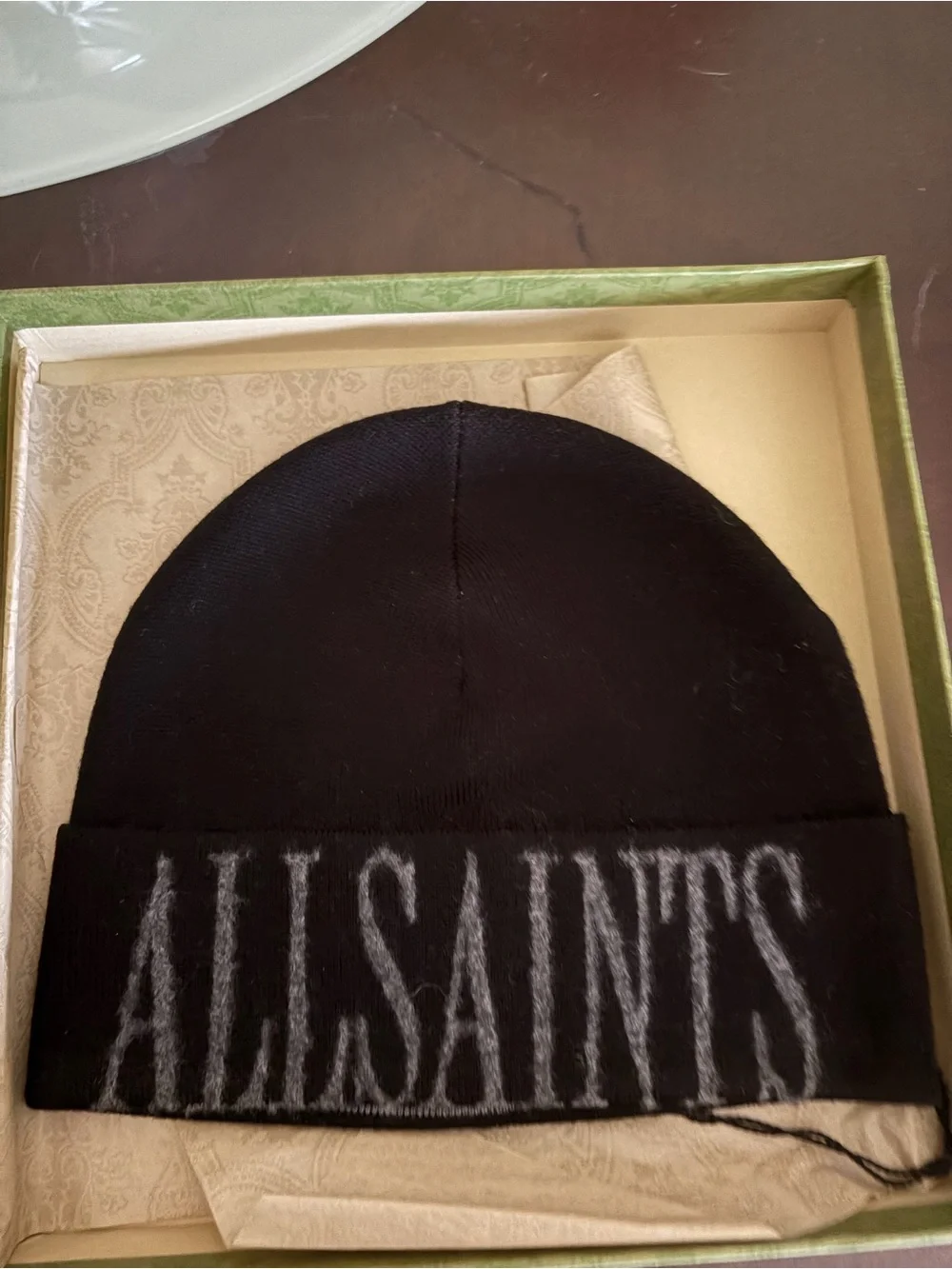 Wool All Saints Black Beanie with Tonal Grey Logo - Never Worn